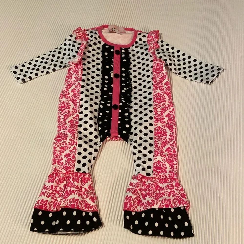 Boutique Romper Ruffled Legs Polka Dot & Damask 6 Month
